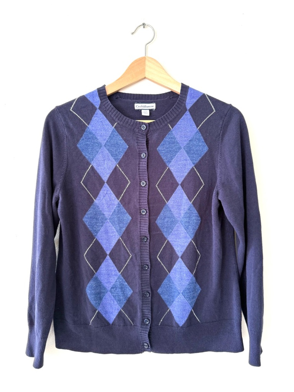 Croft & Barrow Navy Argyle Cardigan Sweater Purple Diamond Preppy Dark Academia